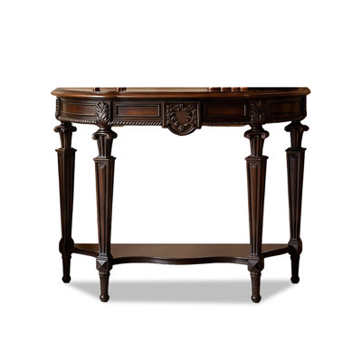 European Classical Carved Solid Wood Half Moon Console Table, Embossed Floral Drawer Double Tier Fluted Leg Narrow Entryway Sofa Table For Hall Decor Storage
