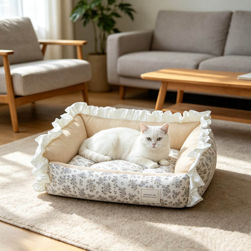 Lit pour chien à volants avec housse amovible et lavable, canapé-lit de style campagnard français pour chat, canapé en coton doux pour animaux de petite et moyenne taille