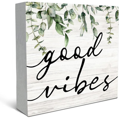 Botanical Eucalyptus Leaves Wood Box Sign Desk Decor, Rustic Eucalyptus Leaves Wooden Block Box Sign Decoration For Home Office Shelf Table Decor