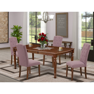 L'ensemble de table de cuisine 5 pièces pour 4 personnes comprend une table de salle à manger rectangulaire avec feuille papillon et 4 chaises Parsons en tissu de dahlia, acajou