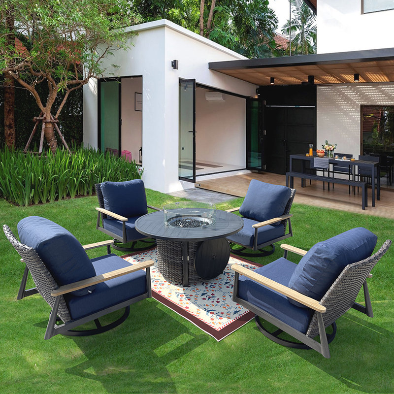 Mikaylin Premium All-Weather Wicker 4 - Person Patio Conversation Set with Cushions, Blue, Gray