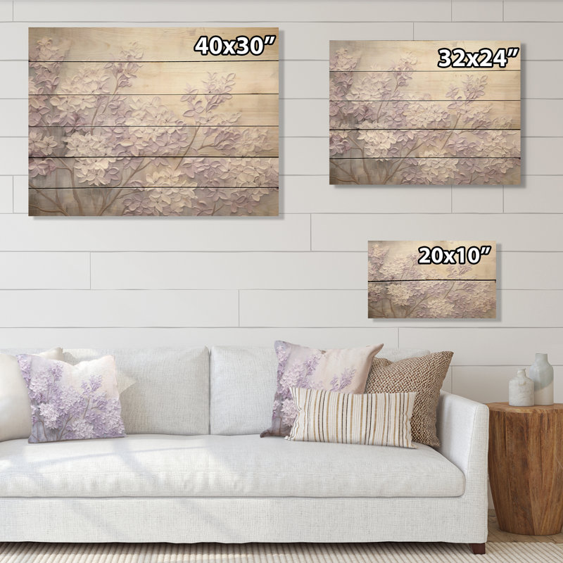 Blooming Lilac Melody I - lilas, art mural sur bois de pin naturel, H 30 po x l 40 po