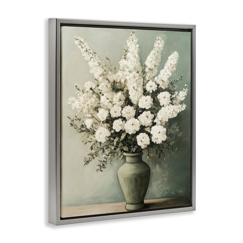 Fleurs blanches dans un cadre flottant dans un vase vert, design par Petal Prints Design, Cadre flottant gris lustré