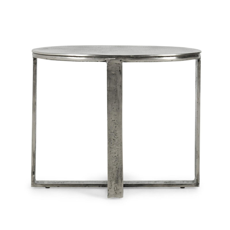 Hand-Brushed Silver Oval Metal End Table