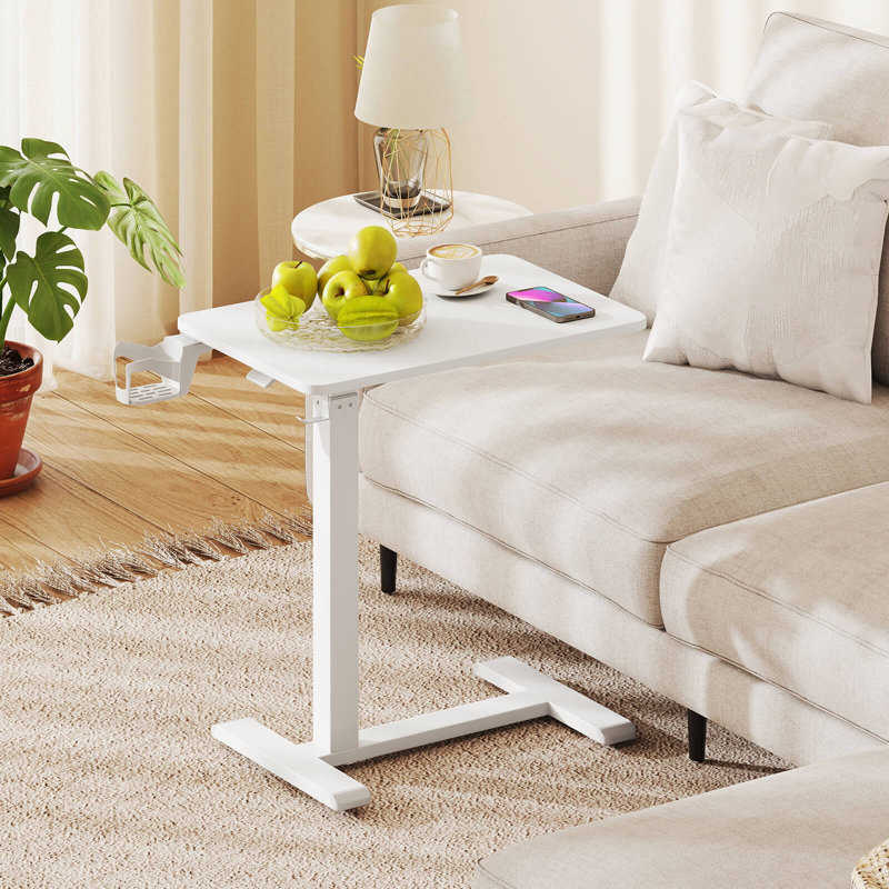C Shaped Side Table Height Adjustable Overbed Bedside Table With Hook & Cup Holder, White