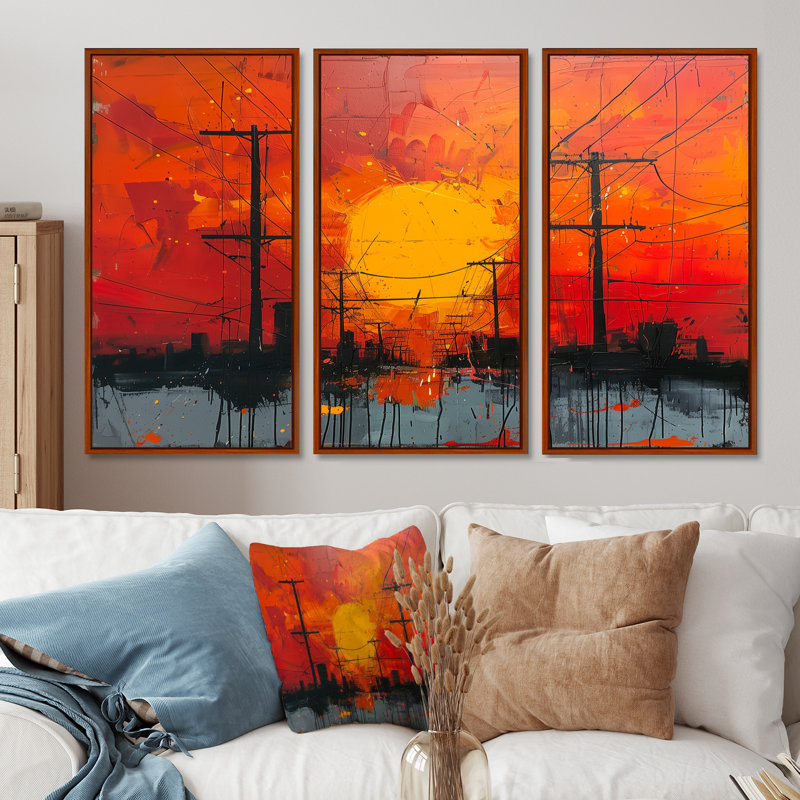 Ensemble de salon art mural rouge et noir Power Lines To The Darkness IV, Toile avec cadre flottant brun