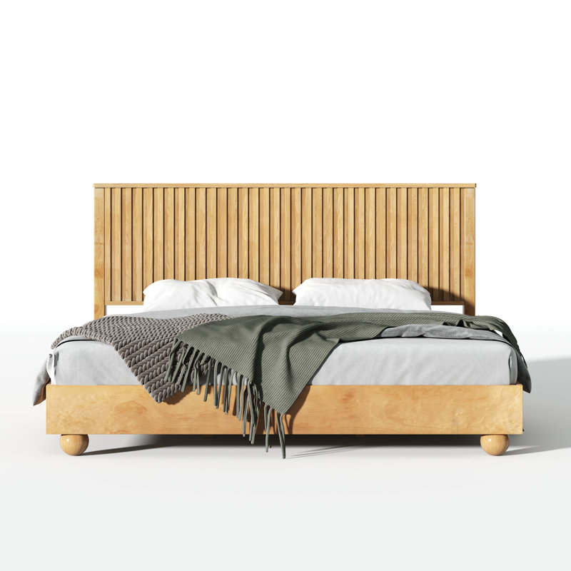 Aurelin Modern Natural Wood Bed Frame With Reeded Headboard And Elegant Ball Legs, Queen
