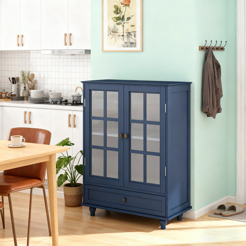 Buffet moderne minimaliste bleu avec double porte en verre et tiroir pour le salon et la salle à manger