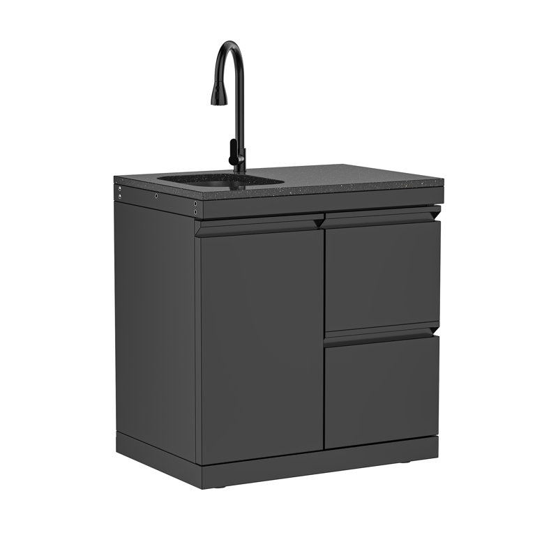 Îlot de cuisine extérieur Sera - Armoire en acier inoxydable noir avec tiroirs et évier intégré, comptoir en granit noir