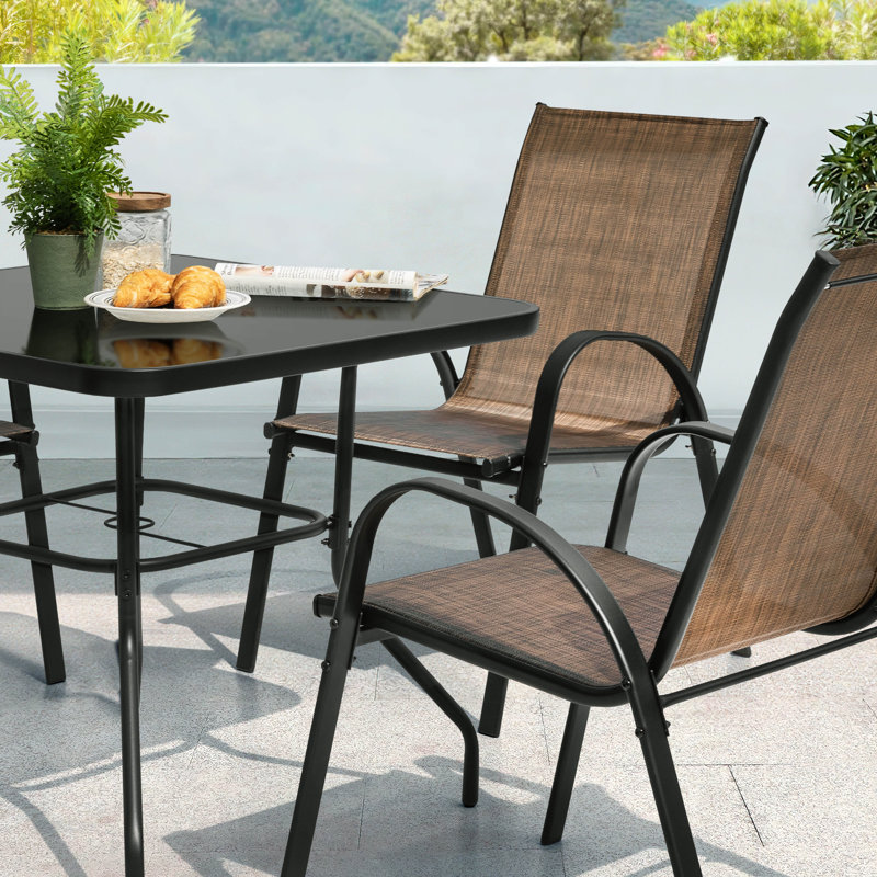 Ensemble repas 5 pièces pour l'extérieur, chaises empilables et trou pour parasol PVC-coated polyester