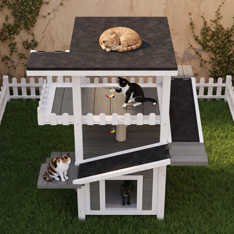 Niche extérieure à 4 niveaux pour chat avec toit imperméable et griffoir, Gris blanc