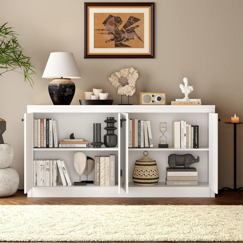 Buffet de rangement en bois d'ingénierie, l 62,99 po, style moderne pour le salon, la salle à manger et le bureau, Blanc