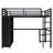 Queen size metal loft bed frame with built-in wardrobe, desk, and storage shelves, space-saving design, black