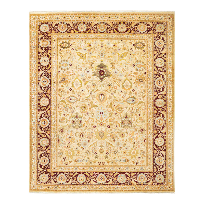 Tapis unique en laine noué à la main ivoire / orange 8 pi 2 po x 10 pi 2 po Keenan