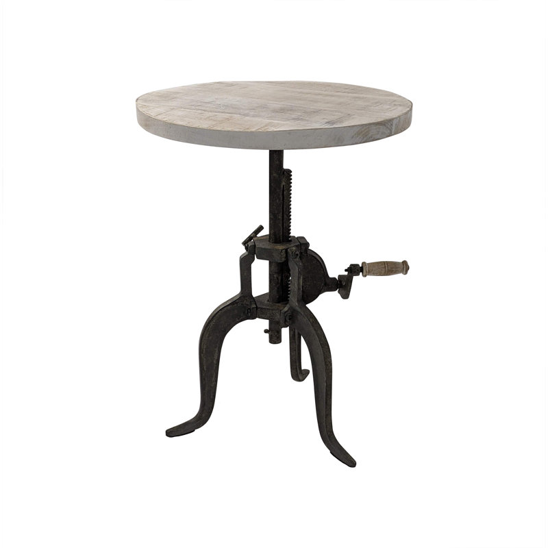 Neche Solid Wood Pedestal End Table, Natural Driftwood, Aged Iron