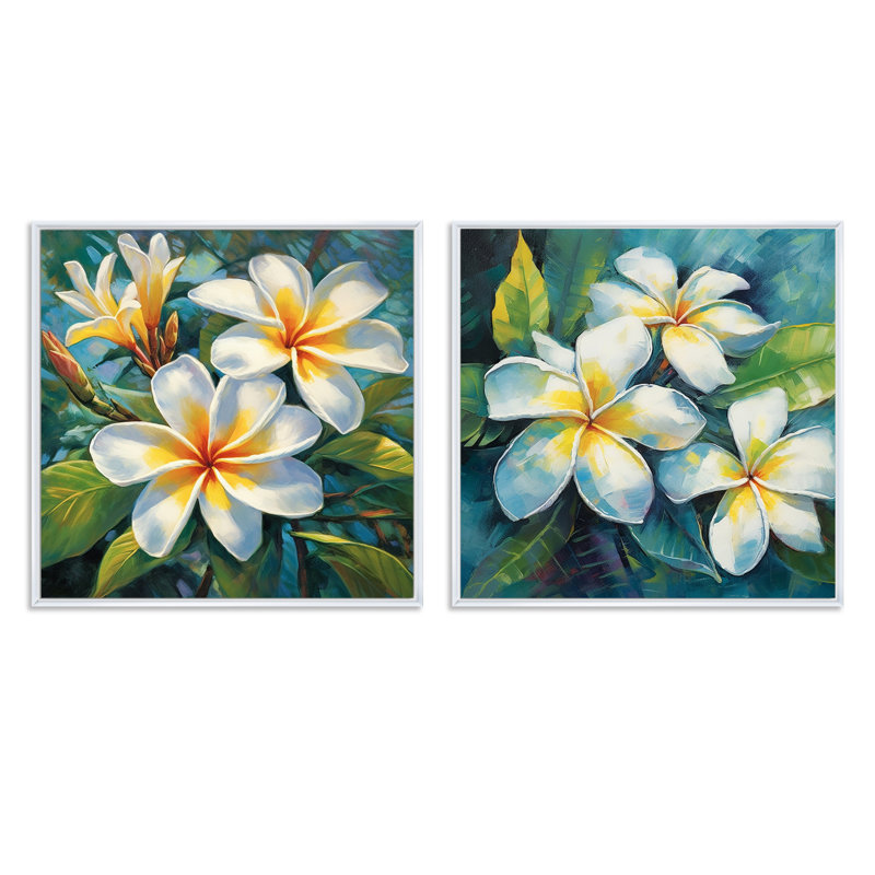 Ensemble de 2 collages carrés blancs Plumeria Symphony Magic - Plumeria, Cadre flottant blanc, H 16 po x l 33 po