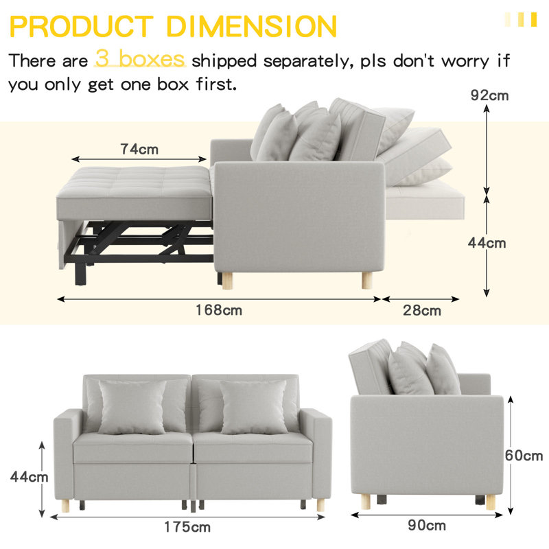 Borchert 2 Seater Fabric Sofa Bed, Grey Linen