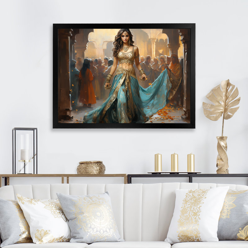 «Blue and Gold Belly Dancer - Dance», art mural sur toile, Cadre d'angle fermé noir, H 30 po x l 40 po x P 1,5 po