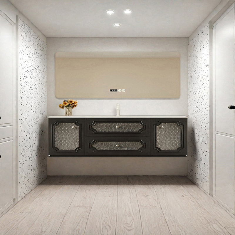 Armoire de salle de bain légère et luxueuse de style français, H 19,68 po x l 70,86 po x P 21,65 po, Noir