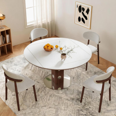 47.2" Extendable Round Dining Table with White Sintered Stone Top & Walnut Wood Column, For 4-6 People