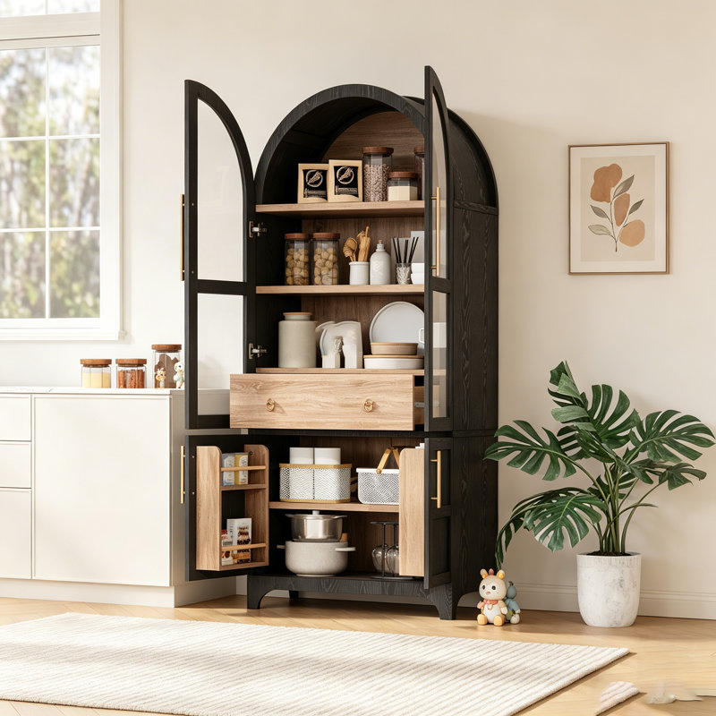 Garde-manger arqué avec tablettes réglables, tiroir caché et porte vitrée pour un rangement élégant, Noir