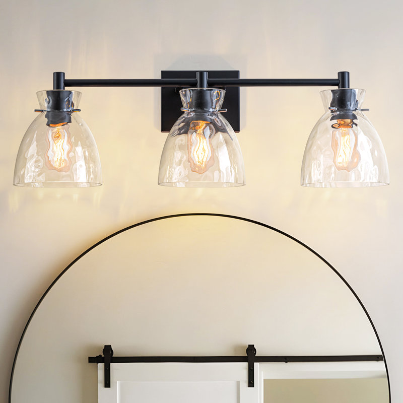 Éclairage pour salle de bain 3 lumières avec abat-jour en verre martelé, Noir mat