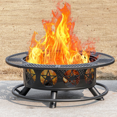 Fire Pit With 2 Grills, Wood Burning Fire Pits For Outside With Lid & Poker, Bbq& Outdoor Firepit & Round Metal Table 3 In 1 For Patio, Picnic, Party