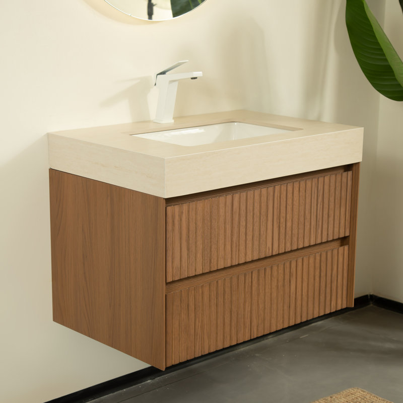 30" Wall Mounted Vanity With Travertine Sintered Stone Top &  Undermount Basin & Striped Wood Drawers, Pre-Assembled, 30"