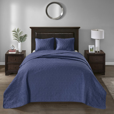 Couvre-lit réversible bleu marine très grand - Motif classique: coton prélavé rembourré pour plus de confort et 2 taies décoratives