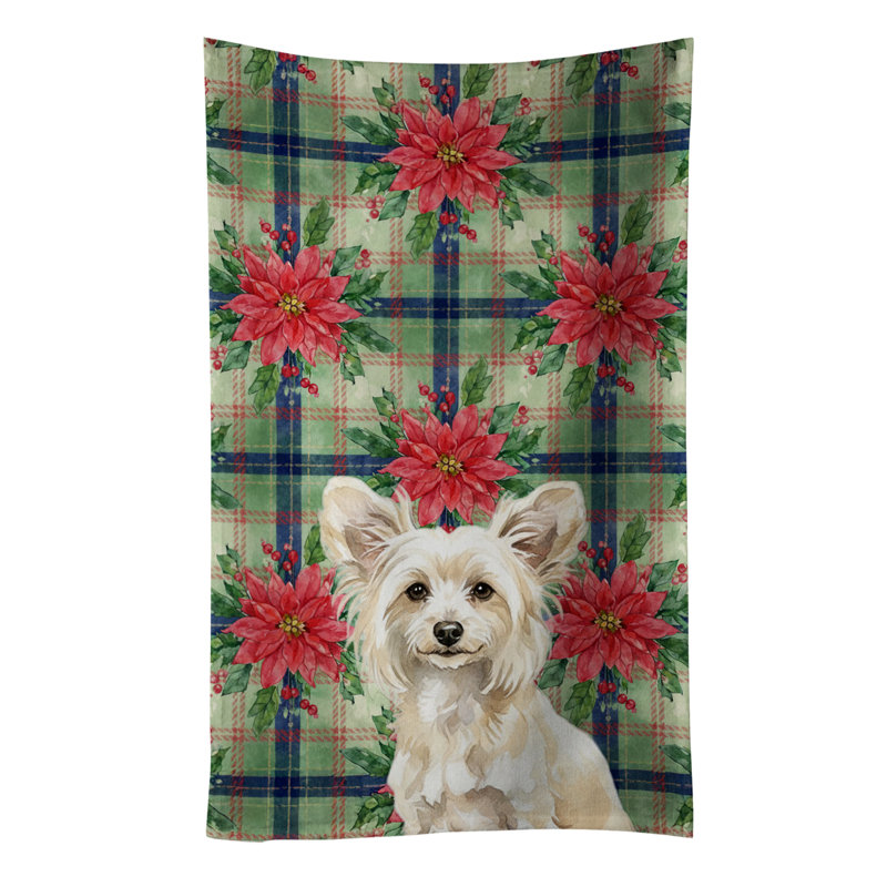 Powderpuff Chinese Crested Christmas PoinsettIas Kitchen Towel, White Powderpuff Chinese Crested