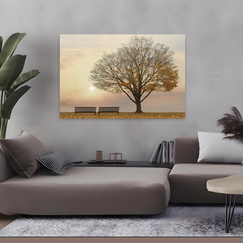 Paysage doré abstrait au lever du soleil, H 48 po x l 32 po