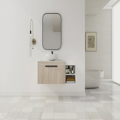 Meuble-lavabo moderne 42 po avec lavabo d'art en céramique, dalle de pierre plate blanche et petites tablettes de rangement, porte à fermeture en douceur, ensemble KD