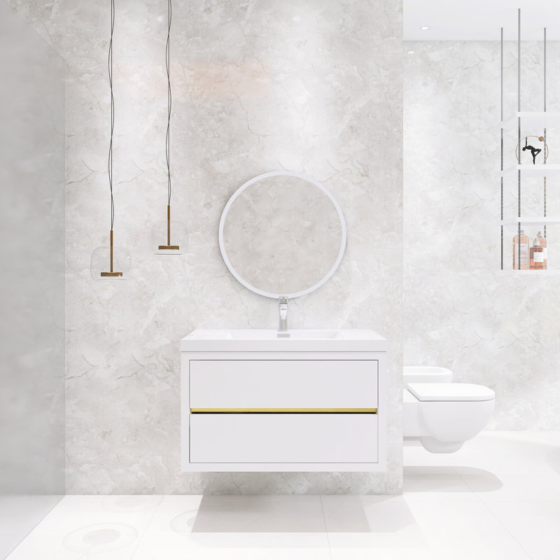 Ensemble de meuble-lavabo simple mural 36 po avec lavabo en pierre, Blanc lustré, 36"