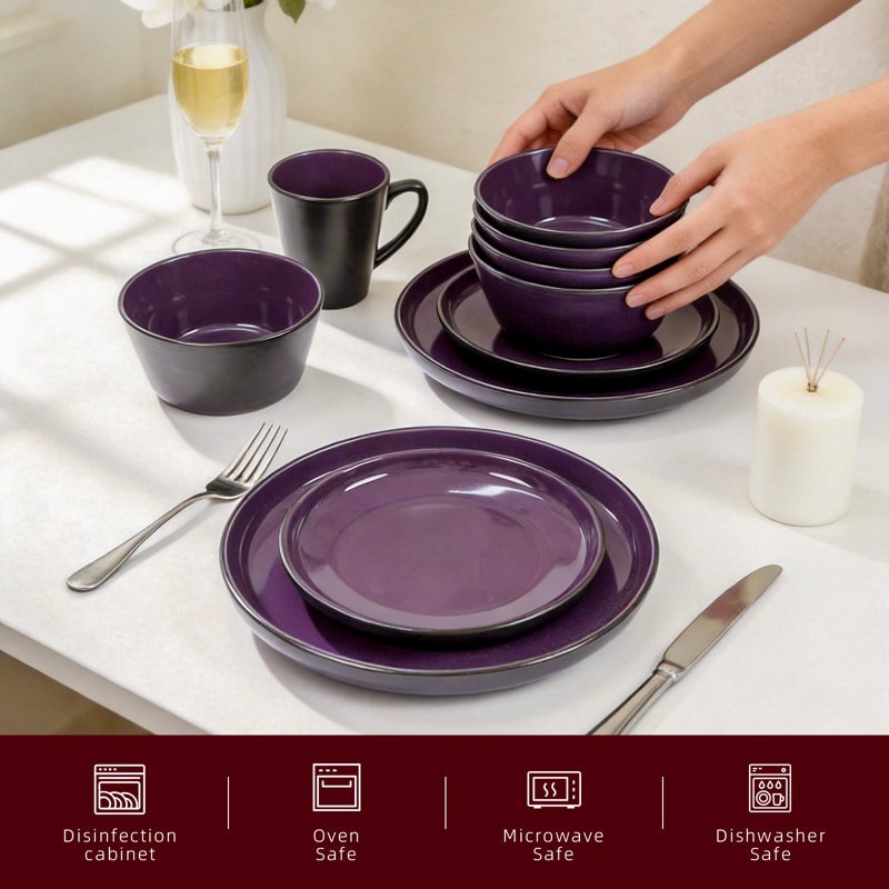 HomeVSS 8-Piece Stoneware ColorCore Dinnerware Set, Shiny Purple Inside & Matte Black Outside, Service for 2, Purple