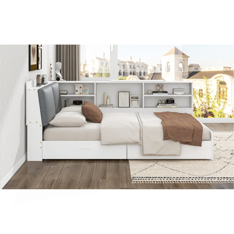 Lit plateforme en bois avec tête de lit, tablettes et 2 tiroirs, blanc, White, Full