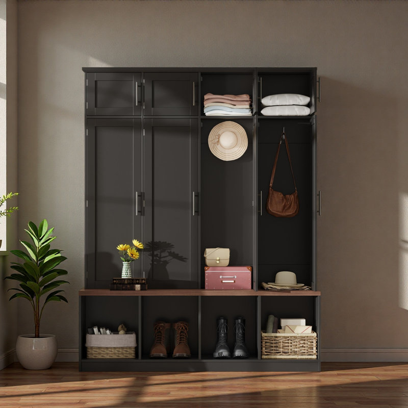 Arbre d'entrée de style campagnard avec 4 crochets cachés, banc polyvalent en noyer avec 8 portes, armoire à chaussures avec compartiments ouverts pour le salon