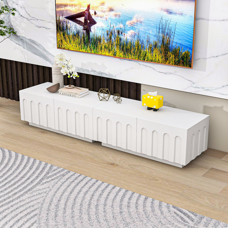 Meuble télé polyvalent et moderne avec un design arqué et beaucoup de rangement, Blanc