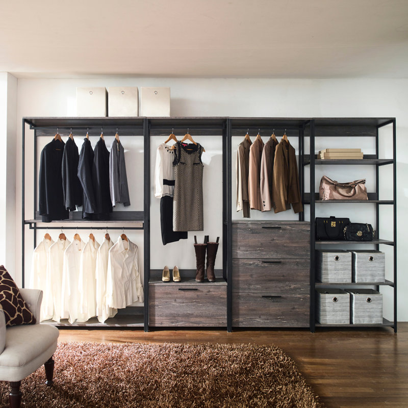 Walk-in avec armature en métal thermolaqué durable, rangement extra profond, résistance à l'eau et à la chaleur, panneau de qualité E0 Scratch Scratch, 2 fois plus épais, fabrication modulaire, aspect rustique,
