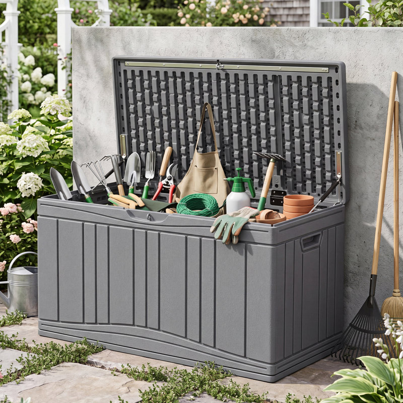 Coffre de terrasse extérieur 80 gallons avec vérins à gaz et couvercle compatible avec serrure pour colis gris