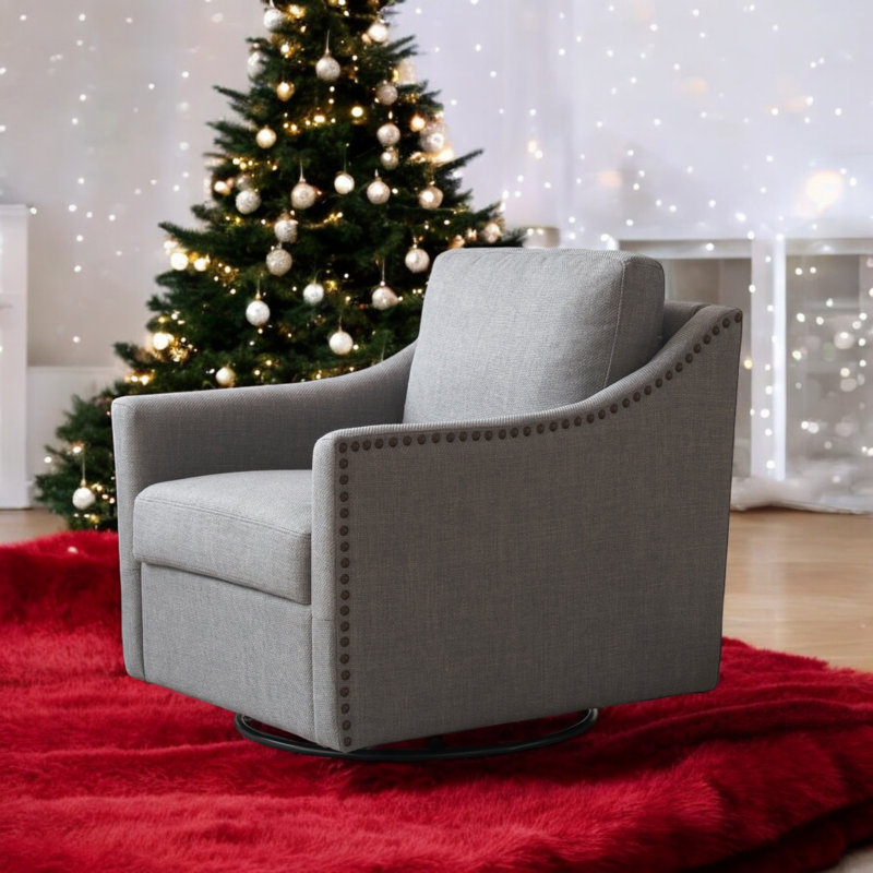 Upholstery Accent Swivel Armchair With Nailhead Trim, Gray Polyester