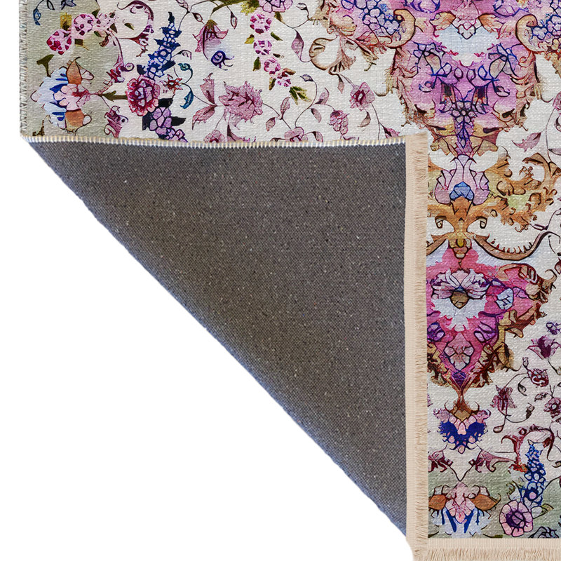 Tapis décoratif multicolore à motif frangé rose et beige, Rectangle 4 pi 11,06 po x 9 pi 10,11 po