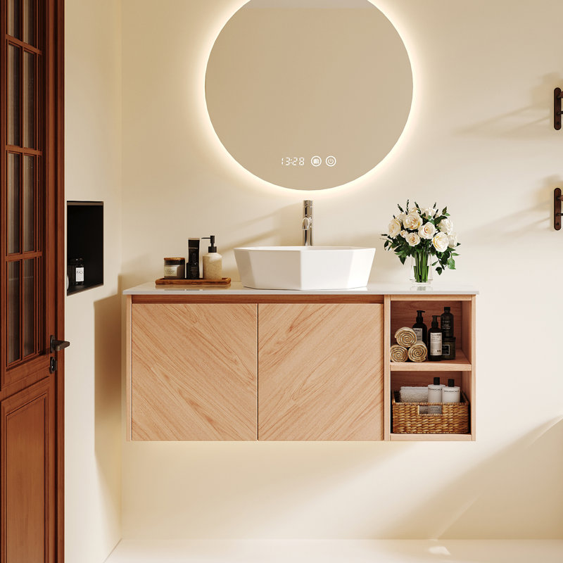 Meuble-lavabo simple 36 po avec plateau en pierre frittée blanche, cabintet en bois clair avec lavabo blanc et tablettes ouvertes