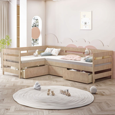 Lit plateforme simple en forme de L avec 3 tiroirs de rangement, naturel (aucun sommier requis, robuste et durable)