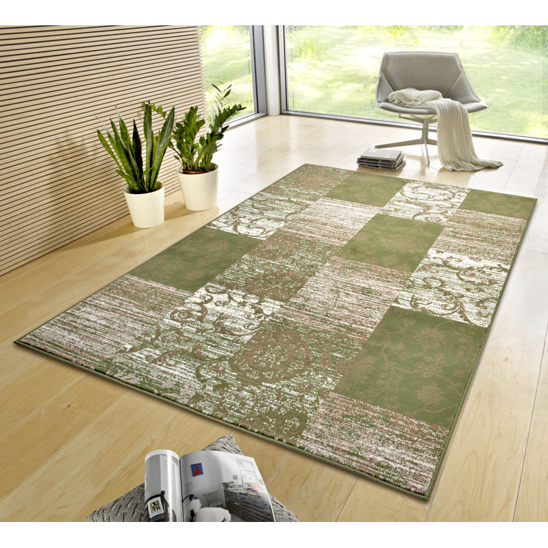 Designer velor rug Bloques in green and cream, Rectangular 235 x 320cm