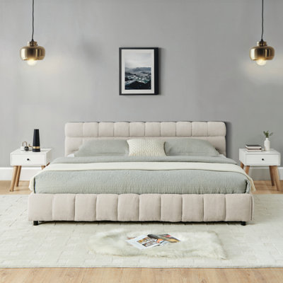 California King size Upholstered Bed ,comfortable upholstered bed frame, Chenille fabric, with headboard and solid bed frame. With drawer for storage.-Beige(90.5''*80.5''*31'')