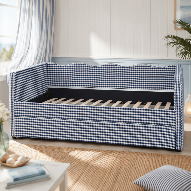 Lit de jour rembourré, base de lit avec lit gigogne escamotable et poches de rangement latérales, Lit simple, Bleu très foncé