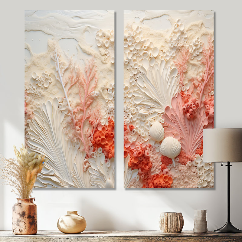 Collage corail rose et blanc V - art mural côtier 2 pièces, 32" H x 32" W, Wrapped Canvas, Does Not Apply