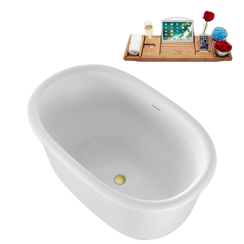 47" Streamline Soaking Acrylic Freestanding Bathtub, Bamboo Tray, Drain, Polished Brass
