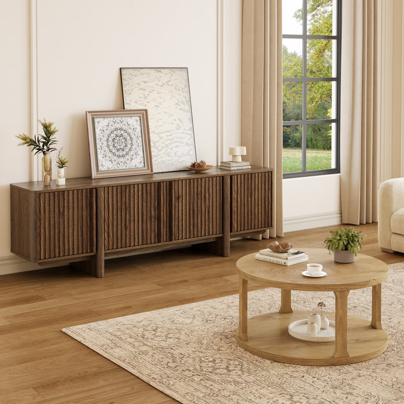 Ensemble de salon moderne 2 pièces, console de télévision cannelée 70 po avec rangement et table basse ronde à 2 niveaux, Oak
