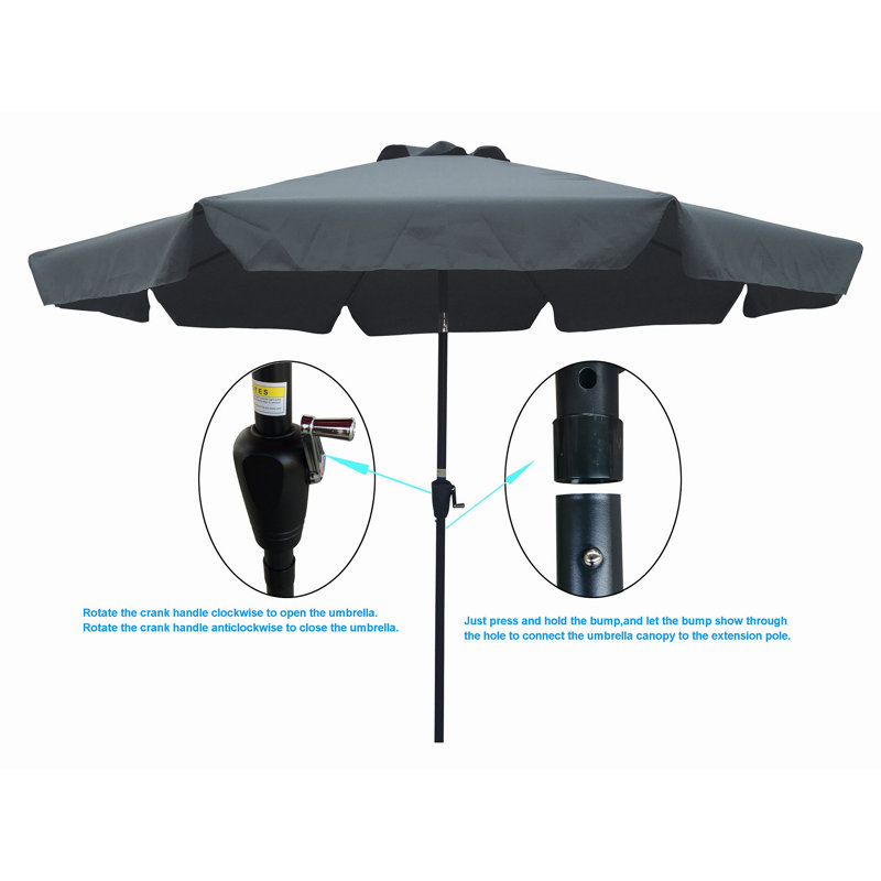 Parasol de patio extérieur 10pi (3 m) avec rabat, 8 pièces, avec inclinaison, avec manivelle, sans base / anthracite, taille de poteau 38 mm (1,49 pouce)